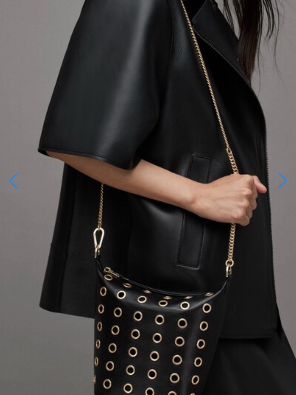AllSaints Evaline Eyelet Leather Crossbody Bag Black Gold Chain nwot